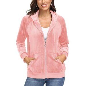Womens Velour Hoodie Jacket Full Zip Long Sleeve Soft Warm Velvet Outerwear